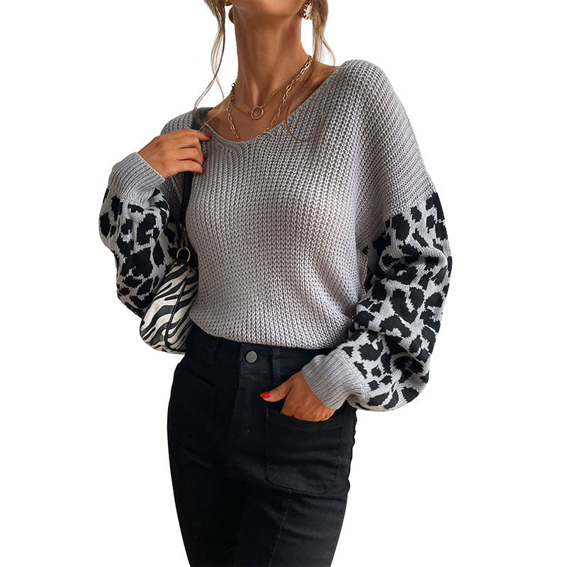 Round Neck Knit Pullover Leopard Sweater