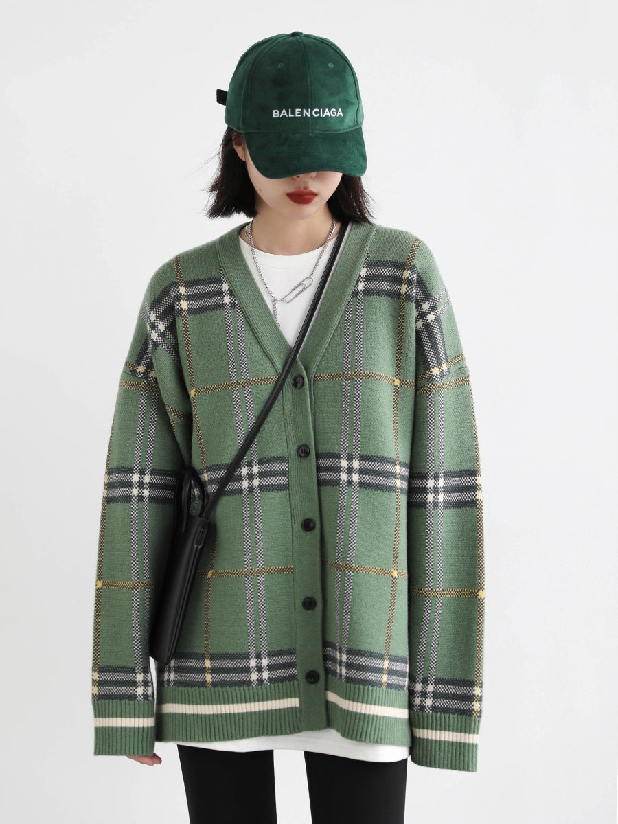 Vintage Loose V-neck Check Sweater Coat Women