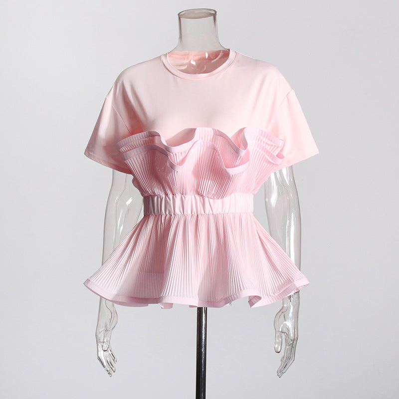 Round Neck Splicing  Ruffled Slim Fit  Top