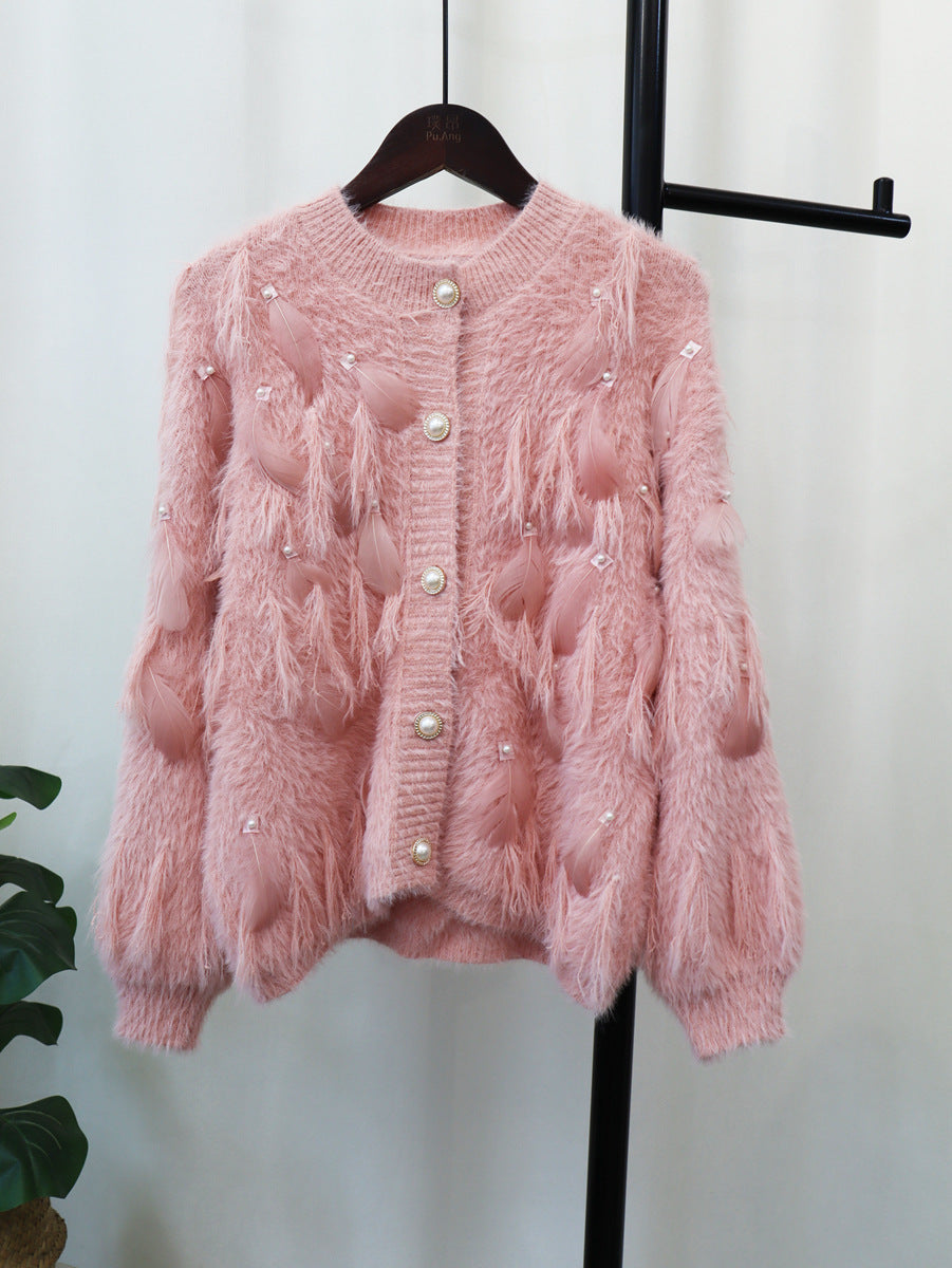 Artificial Mink Fur Gentle Design Feather Beaded Tassel Knitted Cardigan