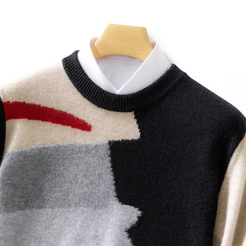 Men's Round Neck Contrast Color Style Woolen Sweater