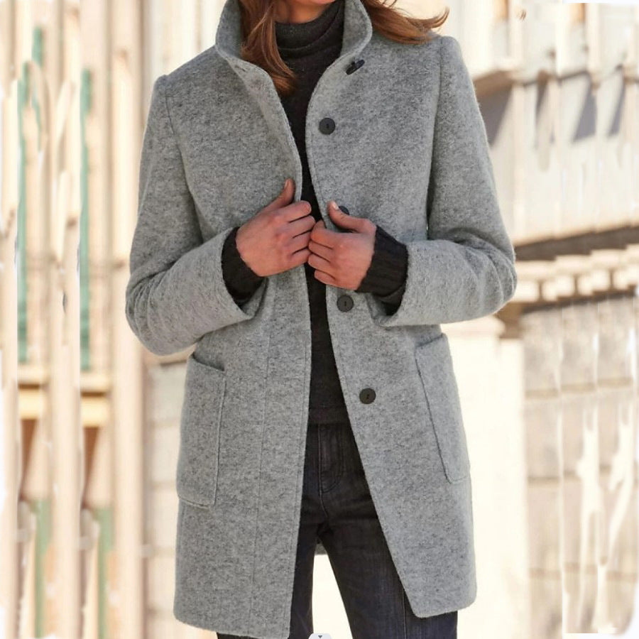 Stand Collar Woolen Coat With Pockets