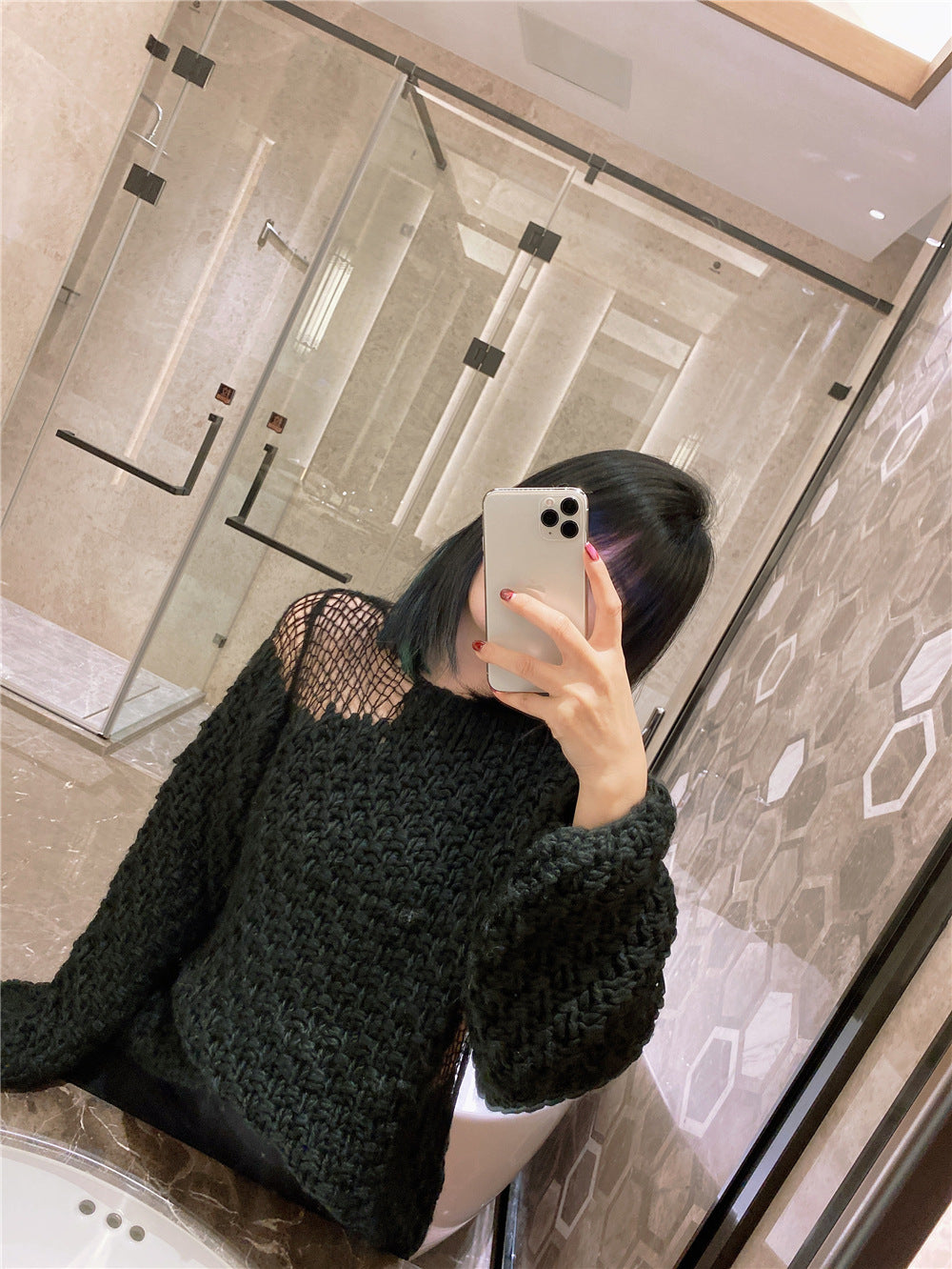 New Openwork Mesh Stitching Thick-knit Knitted Long-sleeved Sweater