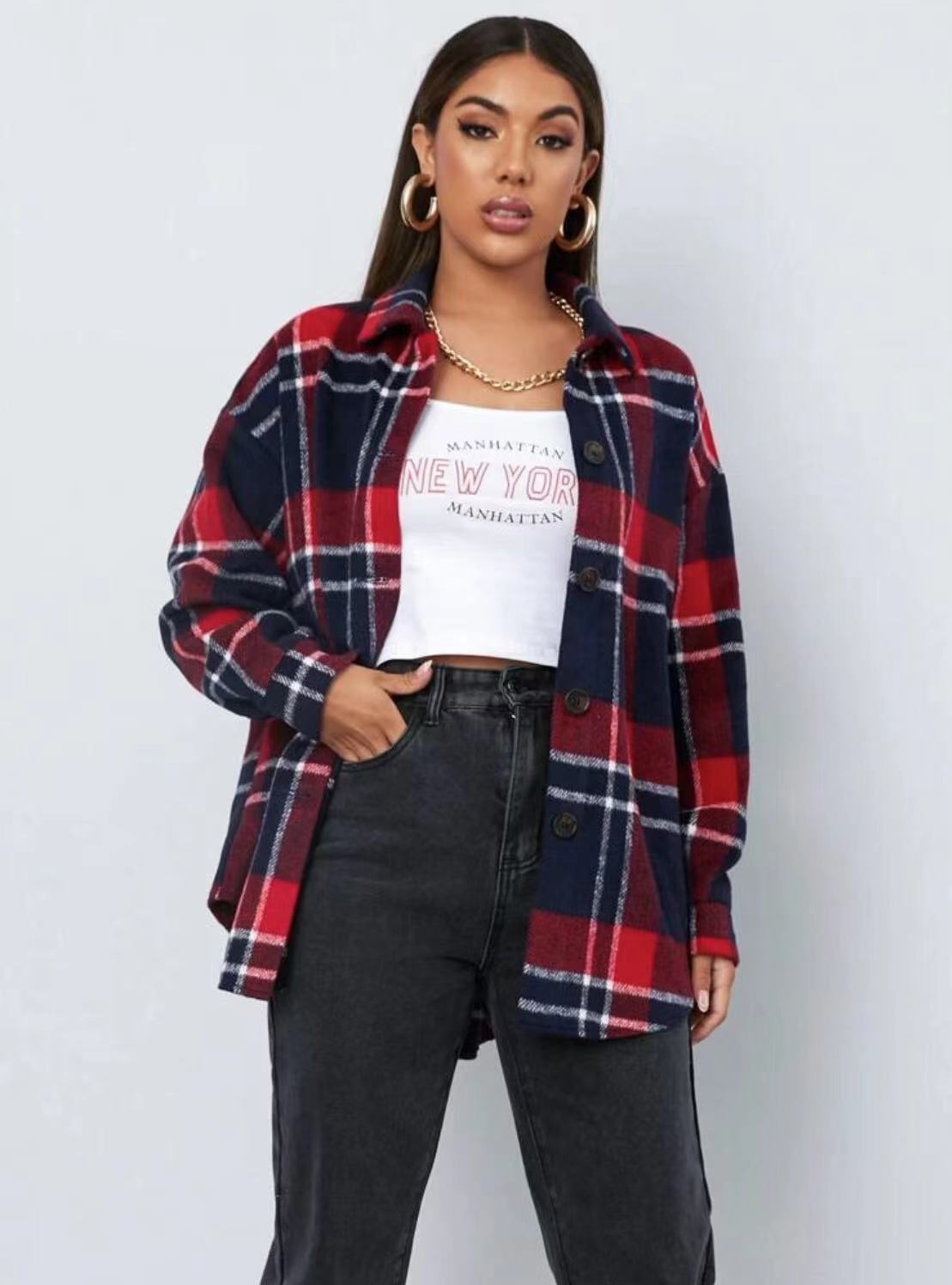 Spring Plaid Frayed Shirt Loose Fashion Casual Shirt