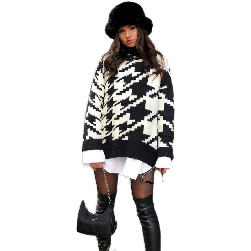 Houndstooth Knitted Retro Pullover Sweater