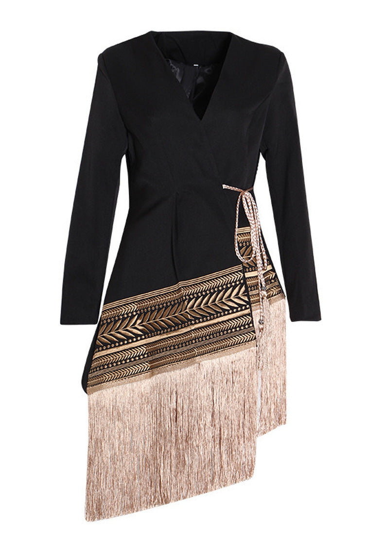 Women's Fashionable Fringed Embroidered Hem Irregular Blazer