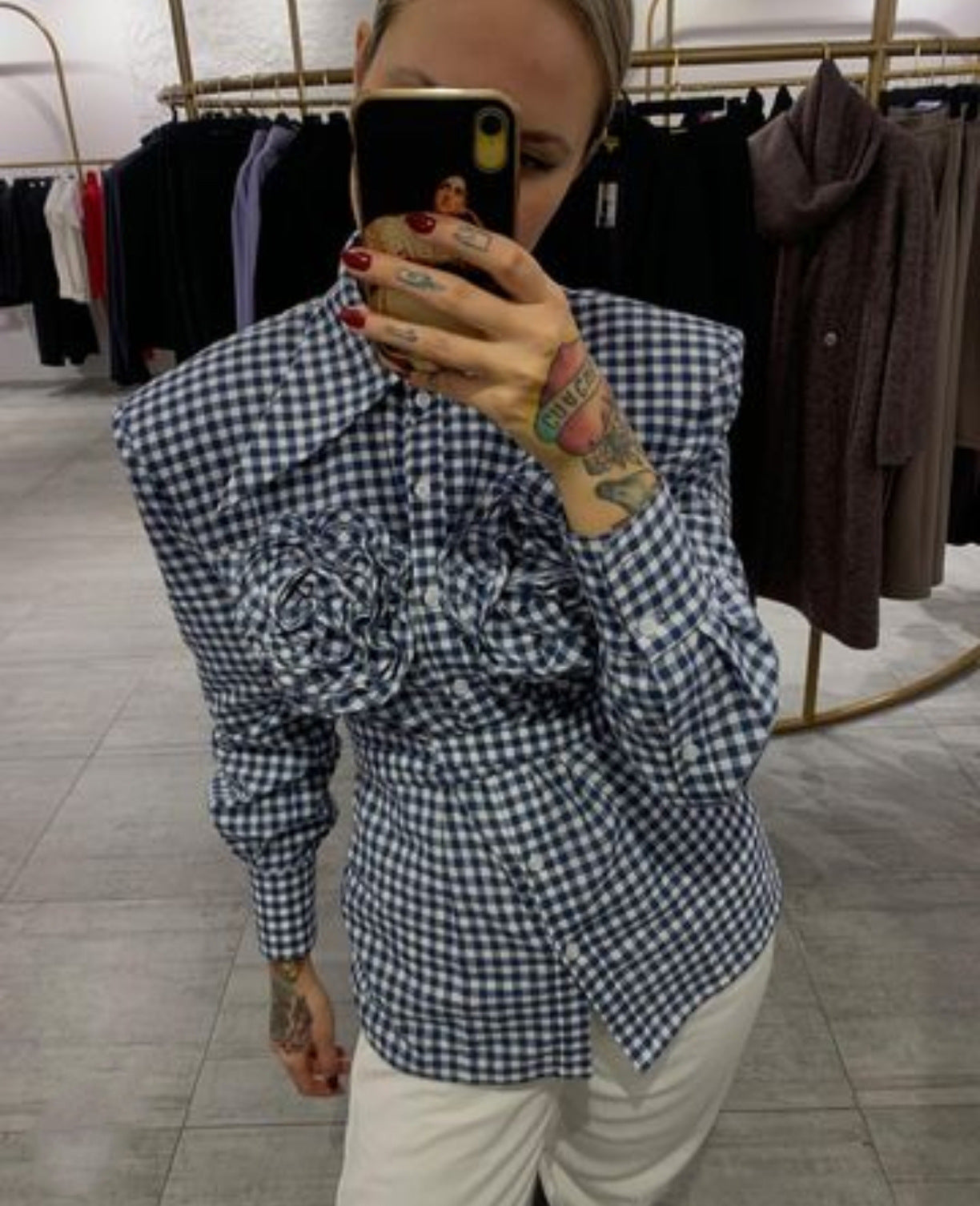 Plaid Large Pointed Collar Decorative Flower Wide Shoulder Lace-up Shirt Coat