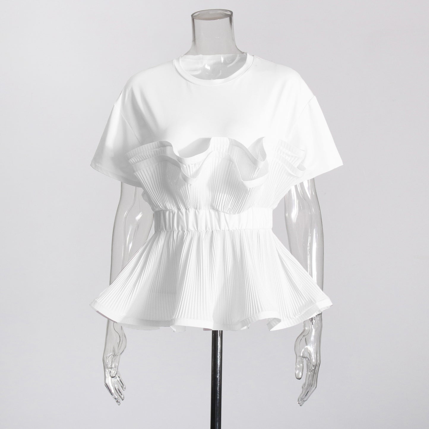 Round Neck Splicing  Ruffled Slim Fit  Top