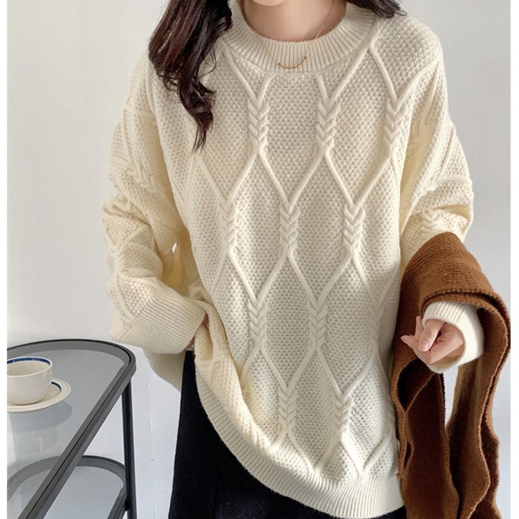 Women's Round Neck Sweater Loose All-match Pullover Diamond Lattice Knit Bottoming Shirt