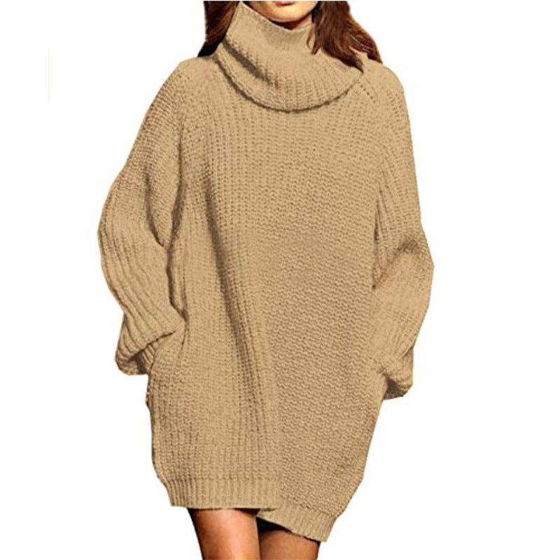 Women's Long-sleeved High-neck Pocket Mid-length Dress Sweater