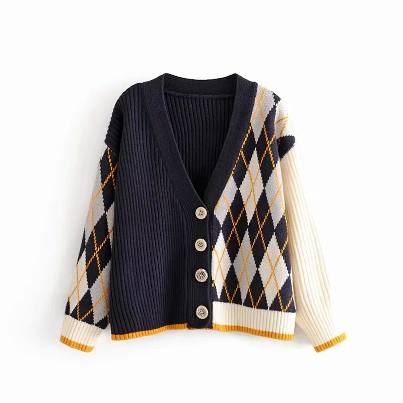 V-neck long sleeve vintage knitted cardigan