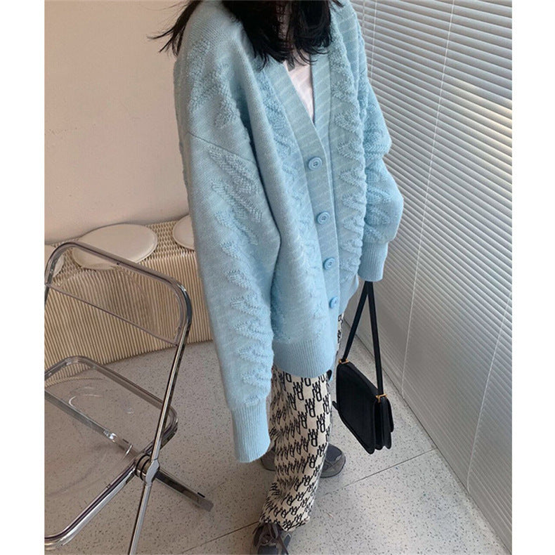 Stereoscopic V Neck Sweater Coat Women Long Loose