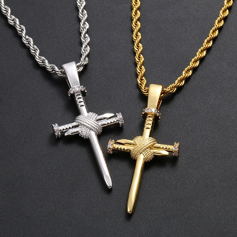 Zircon Inlaid Simple And Novel Nail Cross Pendant Necklace