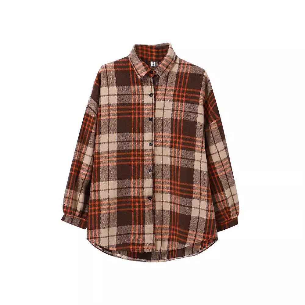 Retro Brushed Plaid Long-sleeved Shirt For Women