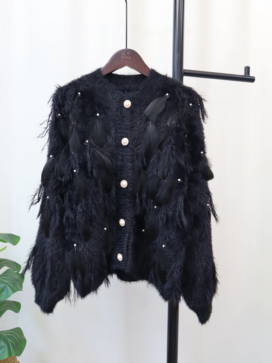 Artificial Mink Fur Gentle Design Feather Beaded Tassel Knitted Cardigan