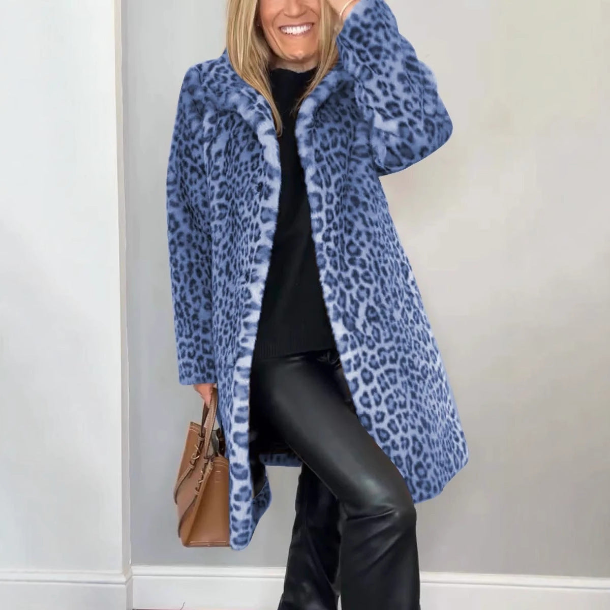 Fall Winter Leopard Print Plush Mid-length Coat