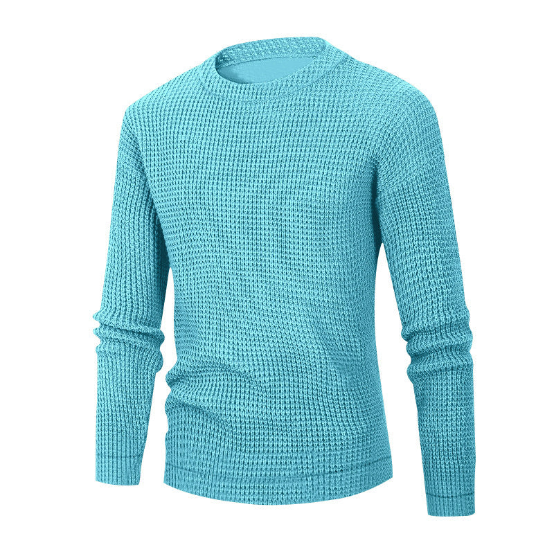 Men's Solid Color Waffle Autumn Long Sleeve Round Neck Base Sweater