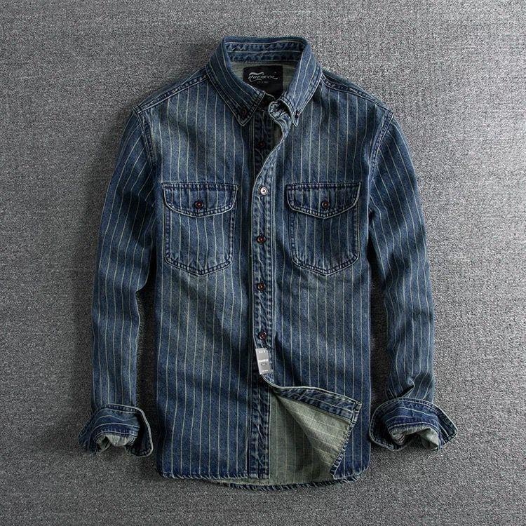 Denim Shirt Retro Heavy Distressed Thick Striped  Men’s Long Sleeve