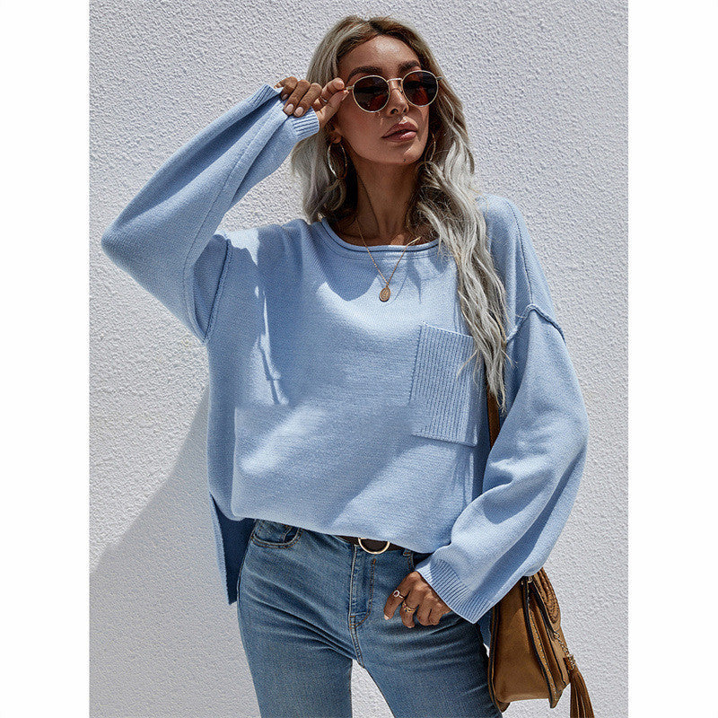 Women's Solid Color Pullover Loose Round Neck Big Pocket Sweater