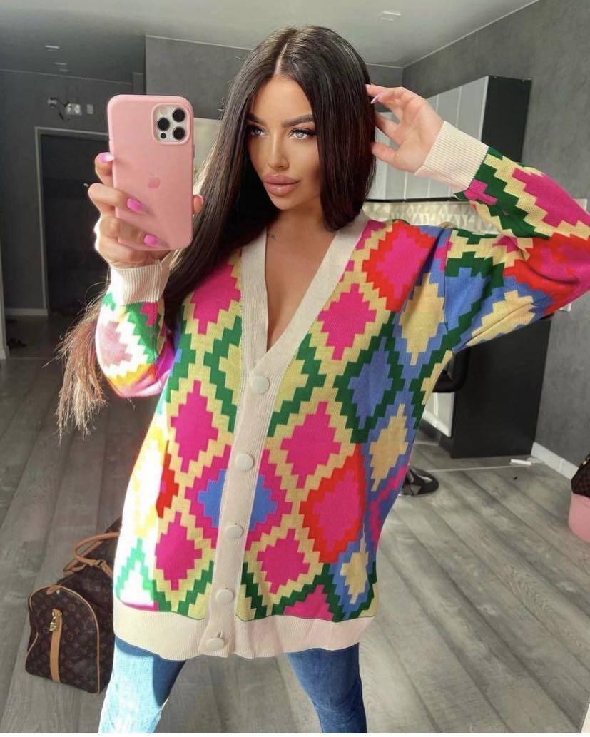 Knitted Geometric Cardigan For Women