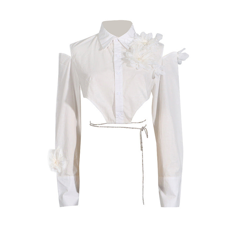 Irregular Design Flower Stitching Tied Shirt For Women