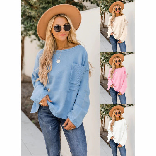 Women's Solid Color Pullover Loose Round Neck Big Pocket Sweater