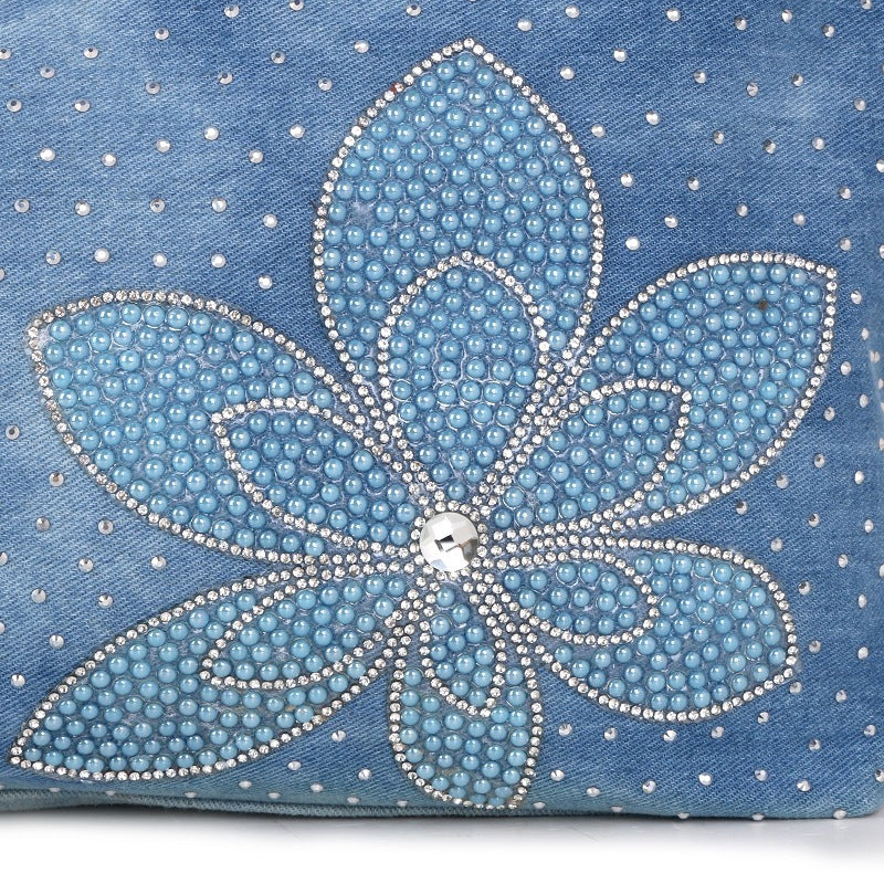 Women's V-shaped Diamond Flower Denim Bag