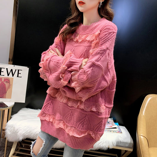 Women Solid Color Lace Sweater Loose