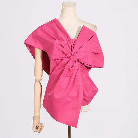 Pure Color Asymmetric Collar Bow  Design Women's Top