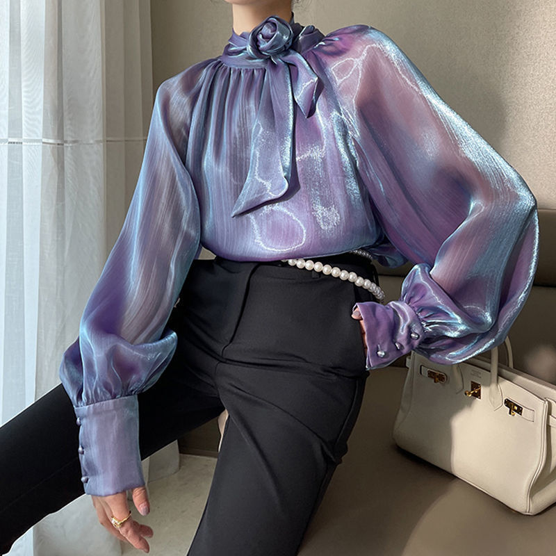 Shiny Long Sleeves Chiffon Shirt For Women