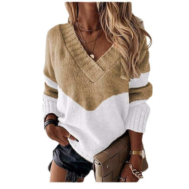 Women's V Neck Stitching Contrast Color Long Sleeved Sweater Ladies Top