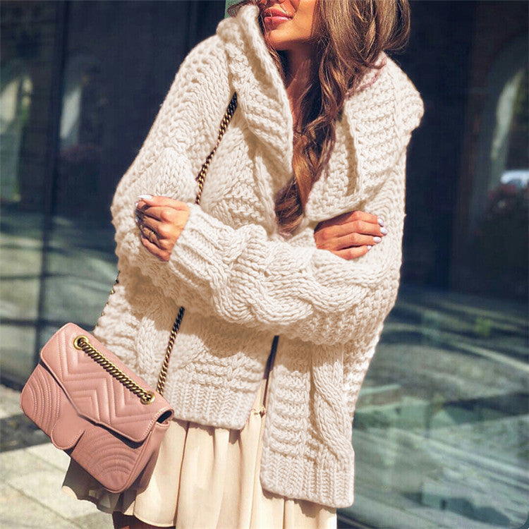 Pure Color Chunky Knit Hooded Cardigan Sweater