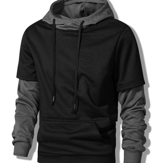 Men's Contrast Color Hooded Pullover Drawstring Pocket Long Sleeve Sweater