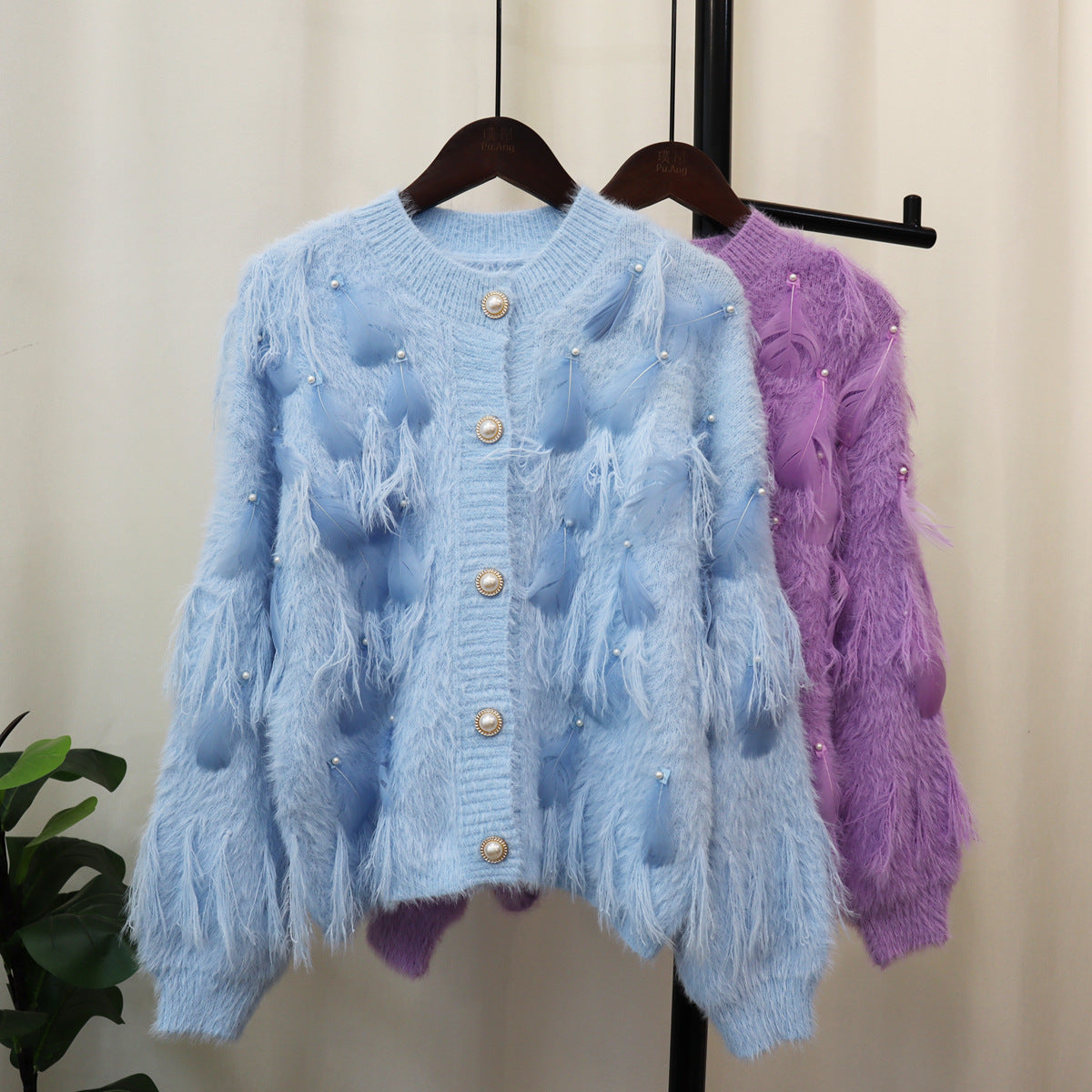 Artificial Mink Fur Gentle Design Feather Beaded Tassel Knitted Cardigan