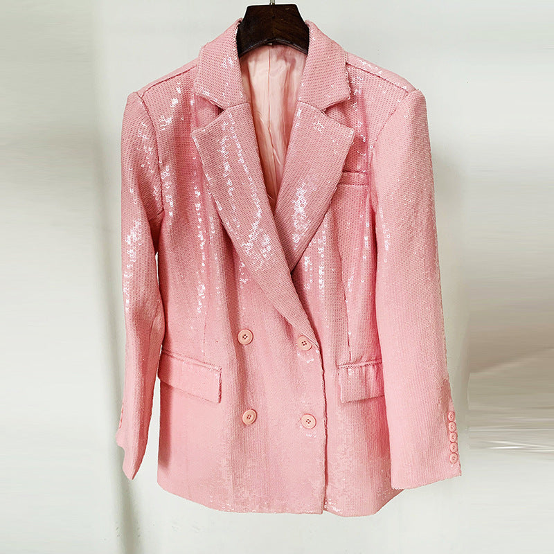 Women's Fashionable Double-breasted Loose Lotus Root Pink Sequined Blazer