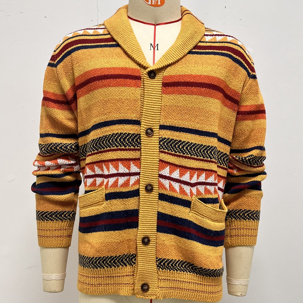 Contrasting Color Jacquard Knitted Cardigan For Men