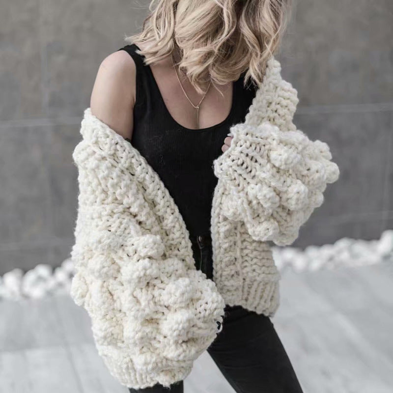 Three-dimensional Solid Color Ball  Lantern Sleeve Knitted Sweater