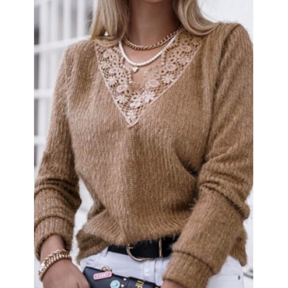 Lace Edge Knitted Warm V-neck Plain Sweater Top Women