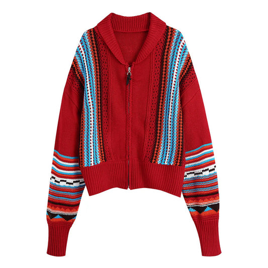 Lapel Vintage Long-sleeved Jacquard Knitted Cardigan Jacket