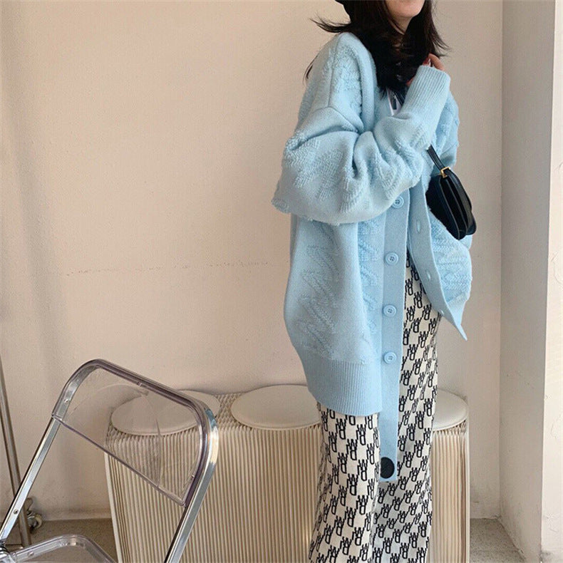 Stereoscopic V Neck Sweater Coat Women Long Loose