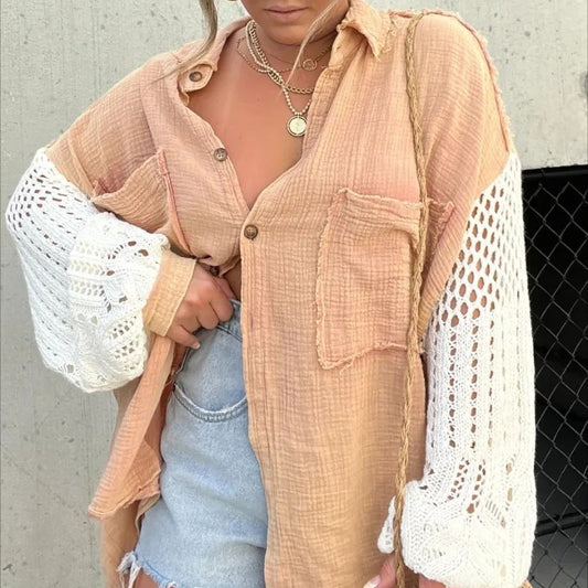 Long Sleeve Lace Stitching Homewear Top