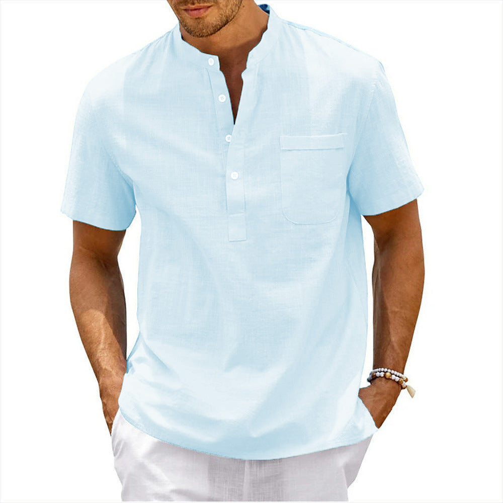 Men's Plus Size Solid Color Stand Up Collar Short Sleeved Shirt