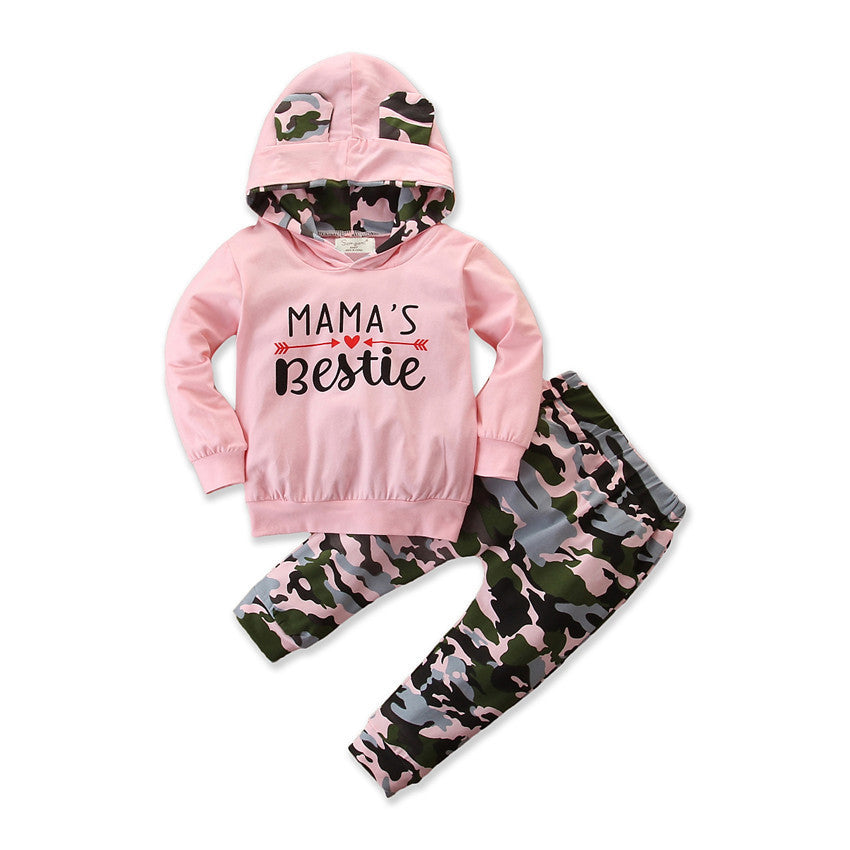 Girls Spring And Autumn Hooded Sweater  Camouflage 2 Piece Set