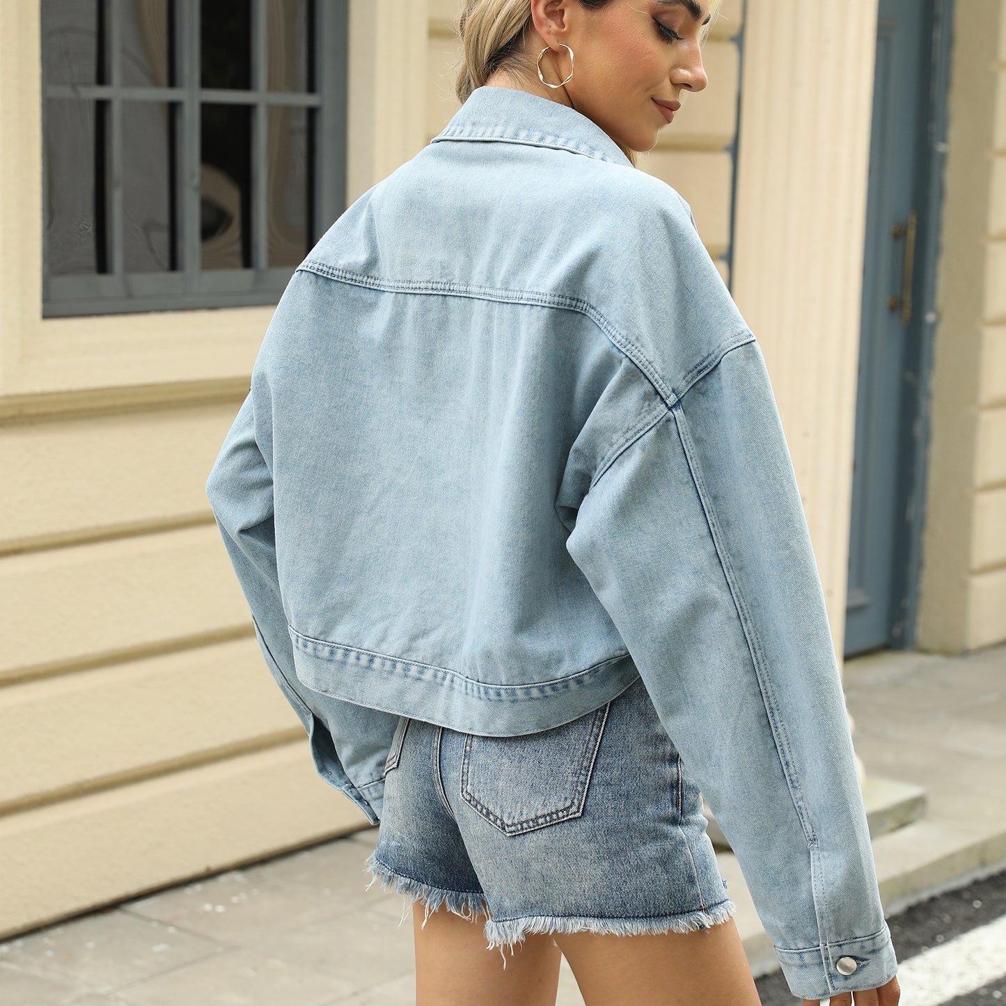 Cropped Denim Jacket With Rivet Design