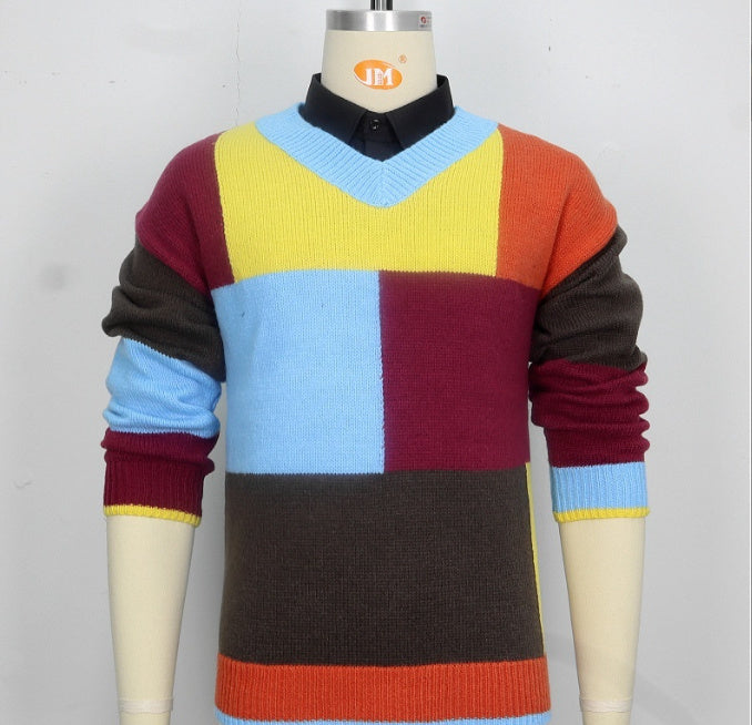 Men's Knitwear V-neck Color-block Long Sleeve Pullover