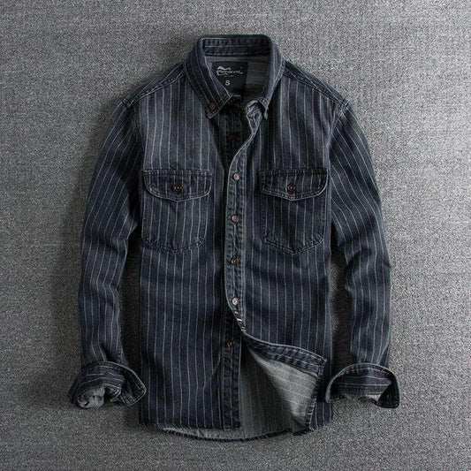 Denim Shirt Retro Heavy Distressed Thick Striped  Men’s Long Sleeve