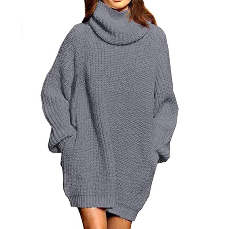 Women's Long-sleeved High-neck Pocket Mid-length Dress Sweater