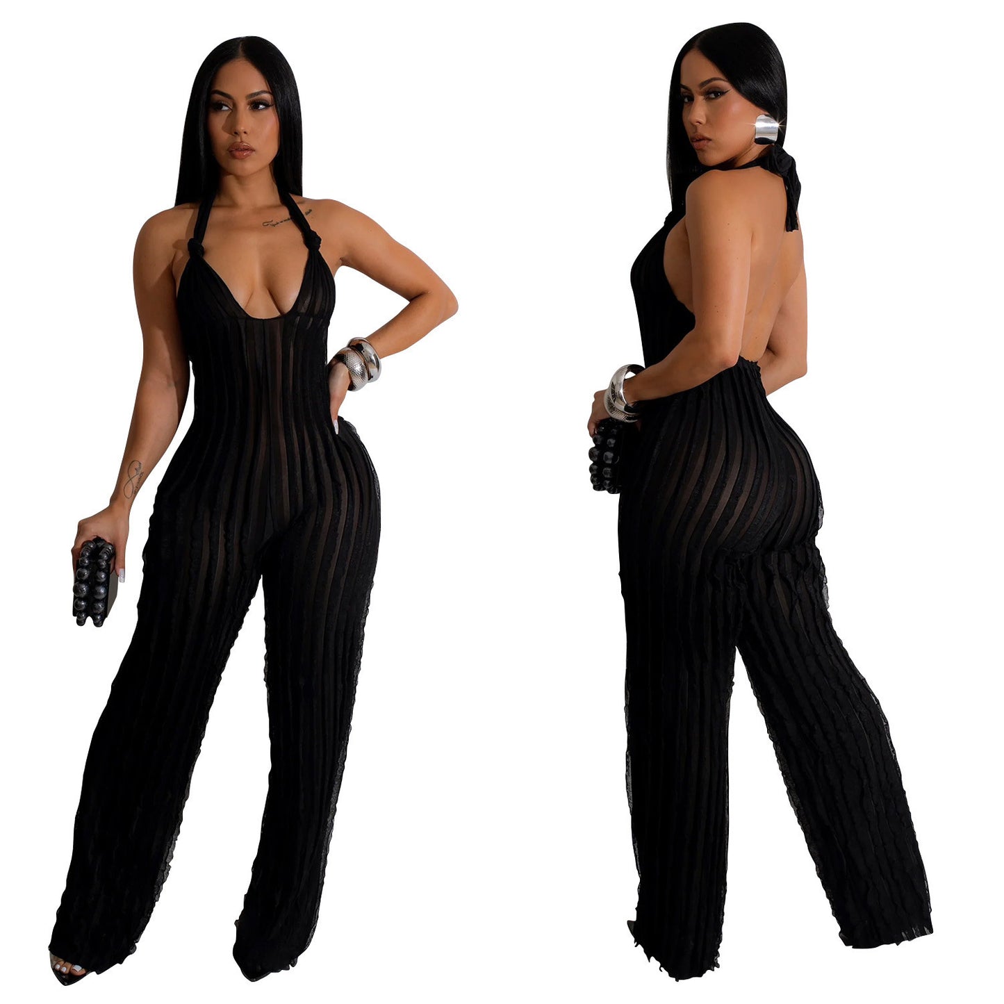 Women's Solid Color Backless Deep V Pleated Halter Jumpsuit Women