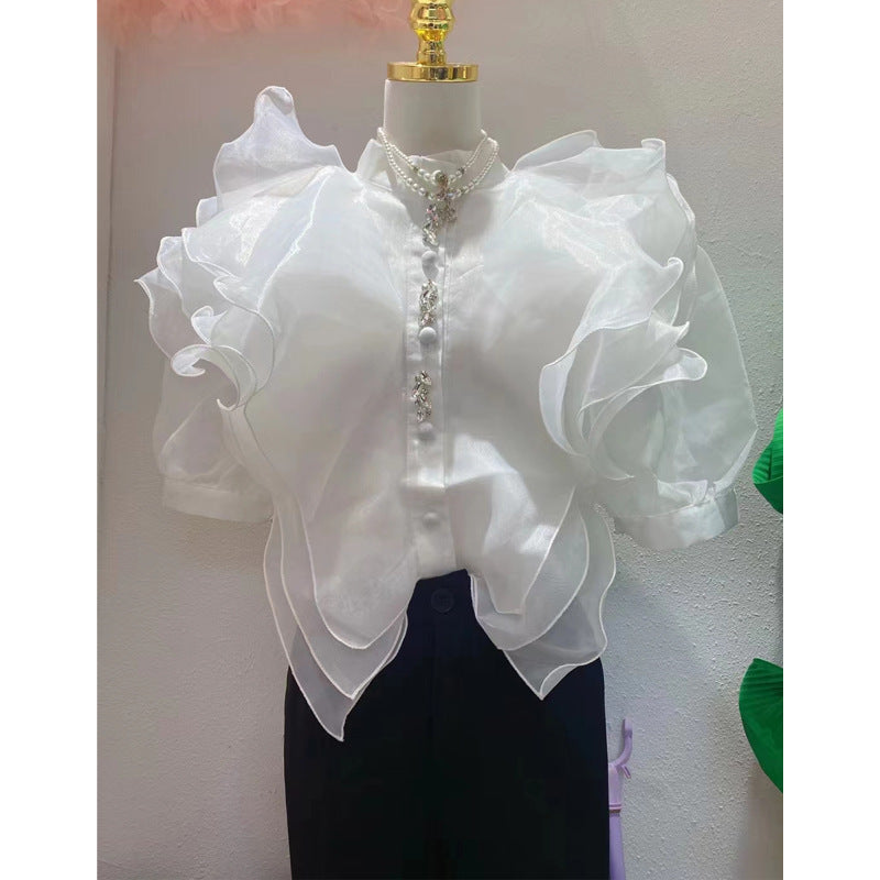 Ruffled Organza Shirt Women Puff Sleeve