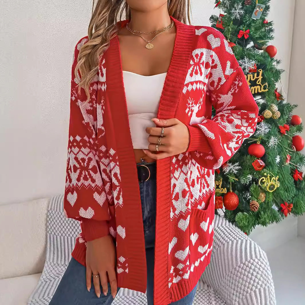 Christmas Clothes Women's Open Front Cardigan Knitwear Lantern Sleeve